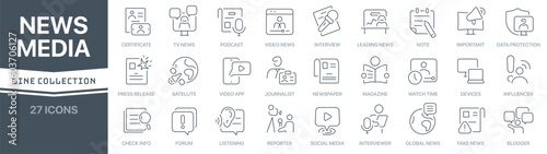 News and media linear signed icon collection. Signed thin line icons collection. Set of news and media simple outline icons