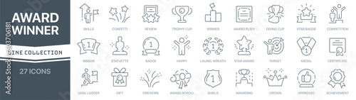 Award and winner linear signed icon collection. Signed thin line icons collection. Set of award and winner simple outline icons