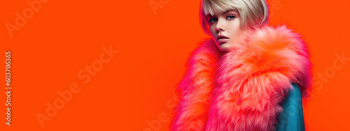 Winter fashion style. Beautiful woman in fur coat. Generative AI.
