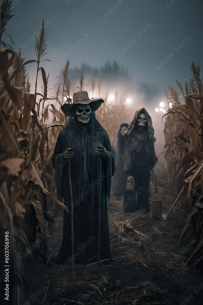 A group of people in costumes standing in a corn field. AI generative.