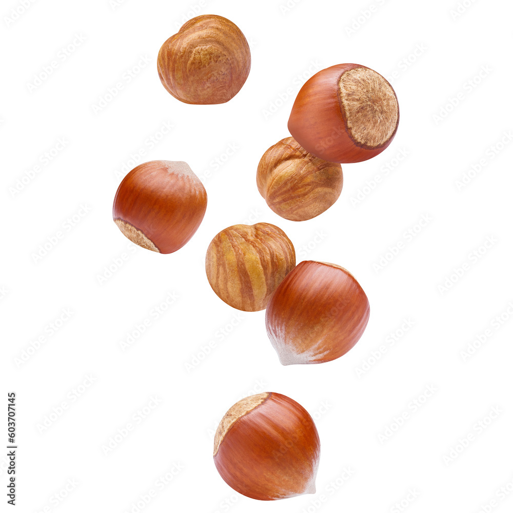 Flying delicious hazelnuts, cut out Flying delicious hazelnuts, cut out