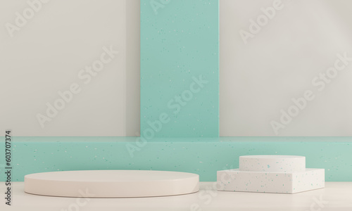 Brown and green pastel backdrop wall 3d render image mockup background of terrazzo podium.