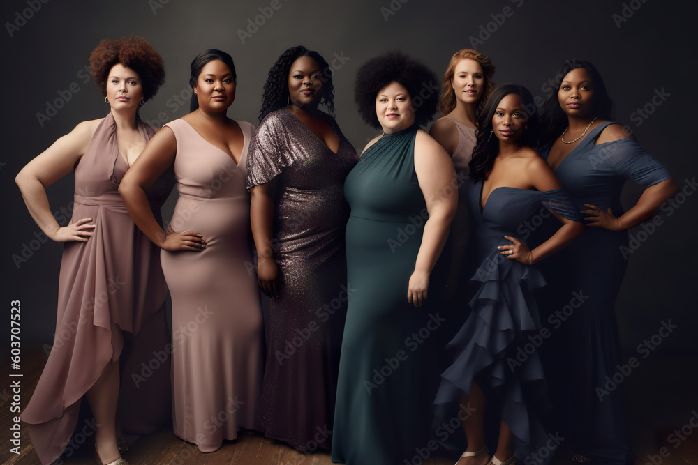Diverse group of curvy, plus size, active, big, chubby woman standing next to each other. Generative AI illustration, plus size beauty campaign, muted colors Diverse group of curvy, plus size, active, big, chubby woman standing next to each other. Generative AI illustration, plus size beauty campaign, muted colors