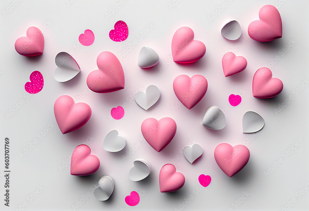 White background with painted pink and white volumetric hearts. AI Generated