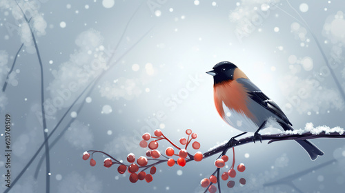 Cute bullfinch bird sits on twig with red rowan berries, Christmas greeting card, AI generative illustration, copy-space © Friedbert