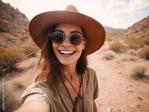  Glückliche Wanderin auf Sommerurlaub. Frau mit Hut und Sonnenbrille macht Selfie in der schönen Wüstendünenlandschaft, generative AI.