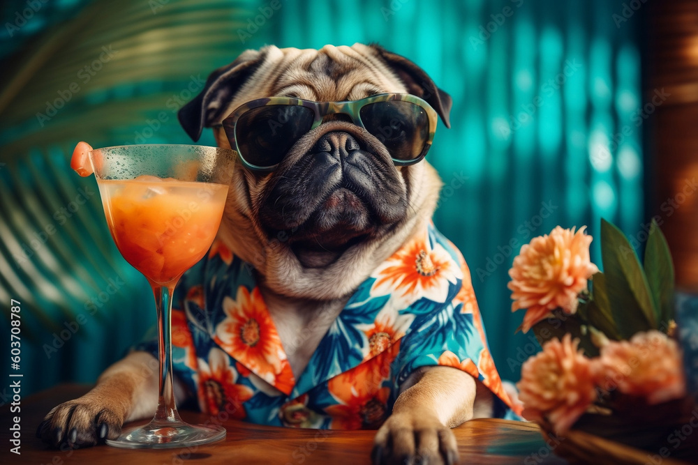 Fototapeta Relaxed pug dog in sunglasses sunbathing at seaside resort and wear a Hawaiian shirt lounging on deck chair with fruity cocktail. Vacation rest in hot country beach concept. Generative AI Technology