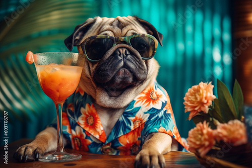 Fotografia Relaxed pug dog in sunglasses sunbathing at seaside resort and wear a Hawaiian shirt lounging on deck chair with fruity cocktail
