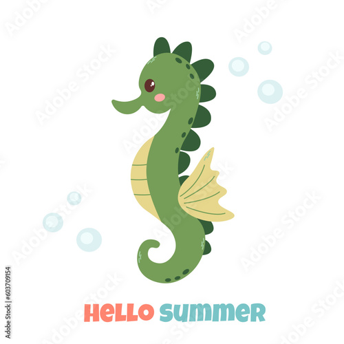 Sea life lettering quote decorated with cute cartoon doodles. Sea poster, print, card, kids apparel decor, sticker.
