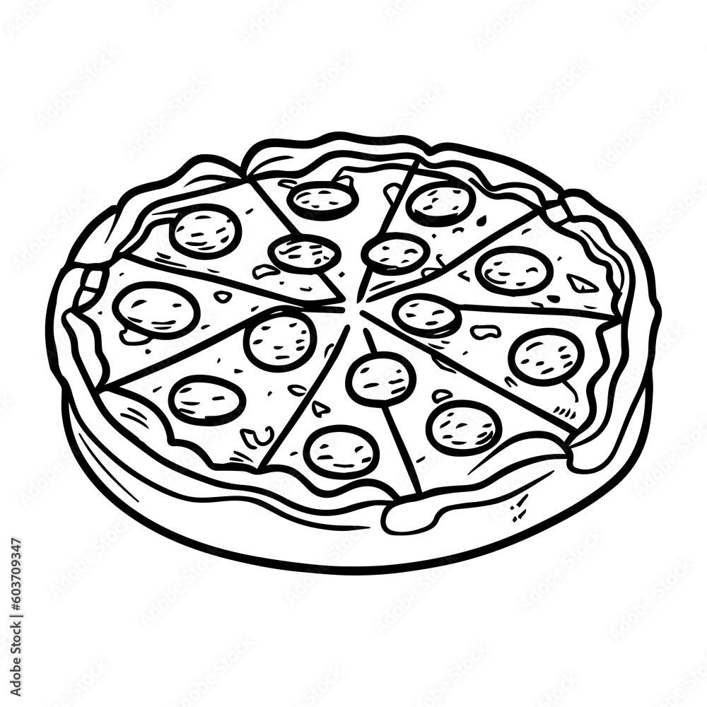 Coloring round cheese pizza. Fast food. Coloring round cheese pizza. Fast food.