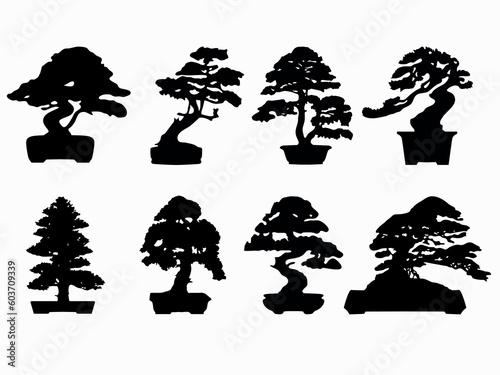 set of bonsai tree silhouette vector illustration on white background