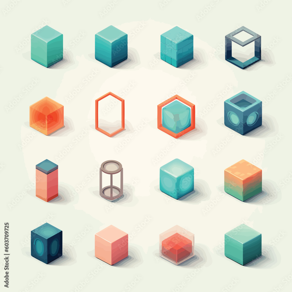 Cubes set gradient color isometric vector