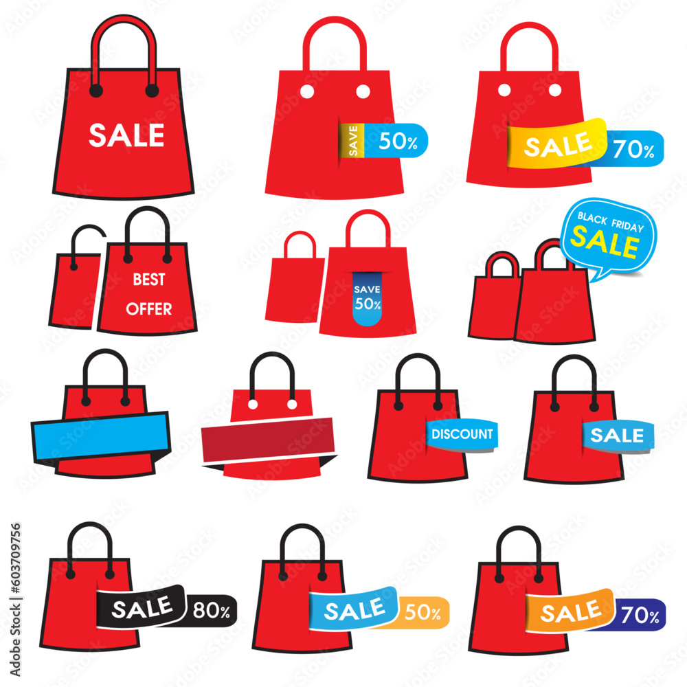 Set of red icon shopping bags with sale sign Set of red icon shopping bags with sale sign