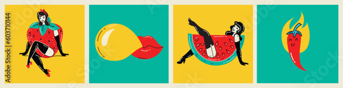 Beautiful young girls with fruits costumes. Hot summer concept for advertising. Poster, sticker templates Vector background in in groovy pin-up pop art retro comic style.
