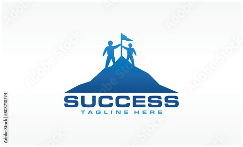 Success and teamwork concept, two people went up the mountain with flags