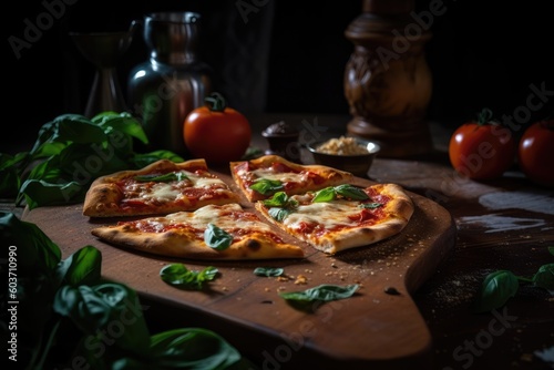 A pizza on a wooden board, a flatbread pizza with basil, cheese and tomatoes on a board with a candle dramatical light.