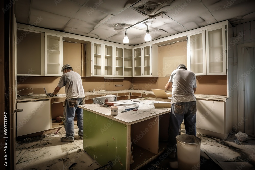 A fictional person. Diligent Workers Removing Old Kitchen Cabinets in a Transformative Renovation A fictional person. Diligent Workers Removing Old Kitchen Cabinets in a Transformative Renovation