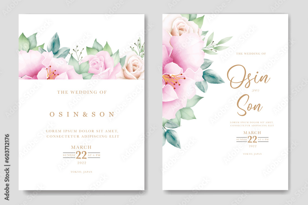 Wedding Invitation Card With Floral Leaves Watercolor