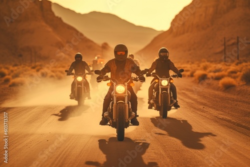 Illustration of cruiser motorcycles and bikers on the road - Created with generative ai