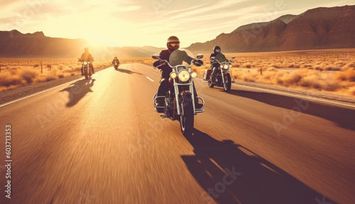 Illustration of cruiser motorcycles and bikers on the road - Created with generative ai © Rieth