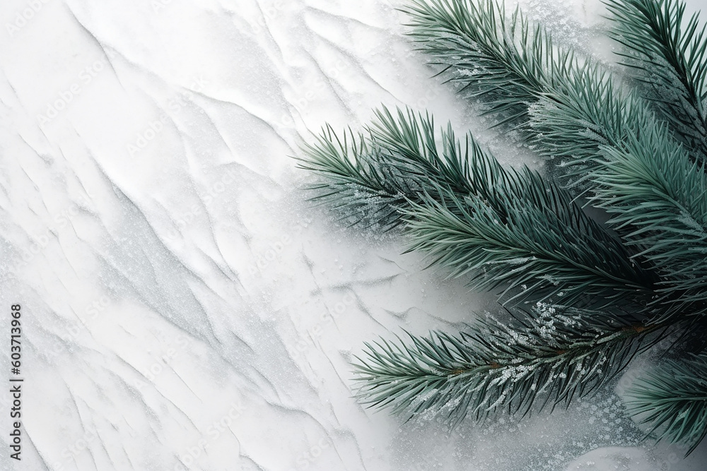 Christmas background with fir branches and snow. Flat lay, top view. Generative ai Christmas background with fir branches and snow. Flat lay, top view. Generative ai