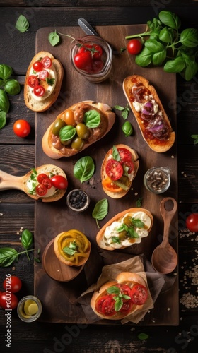 Different kinds of colorful bruschettas on black background, flat lay