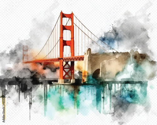 Photography Golden Gate Bridge watercolor illustration, San Francisco, California, Usa