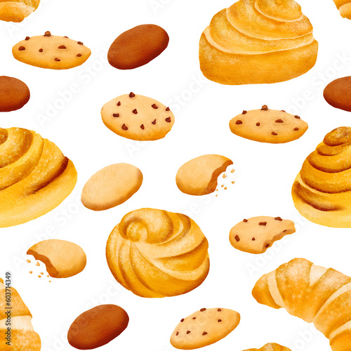 Seamless pattern of fresh delicious crispy sweet cookies and fresh fragrant buns. The pastry with pieces of chocolate and crumbs. yummy. Isolated hand drawn digital watercolor illustration: print