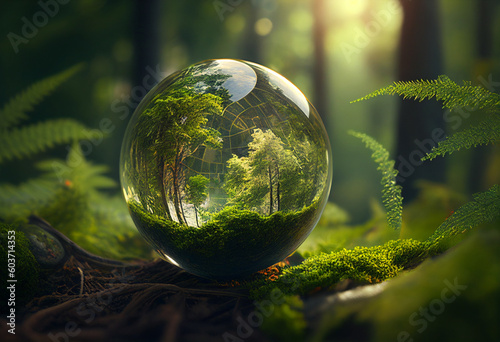 Crystal ball in green forest with ferns. 3D rendering generative ai