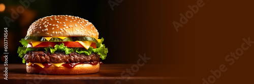 Appetizing hot hamburger with beef cutlet, cheese, tomato, green salad and pickled cucumbers on a dark background. Banner with free space for text. Generated by AI