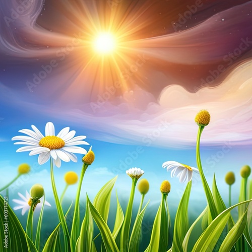 abstract spring nature background with fresh grass and flowers against sunny sky. Generative AI.