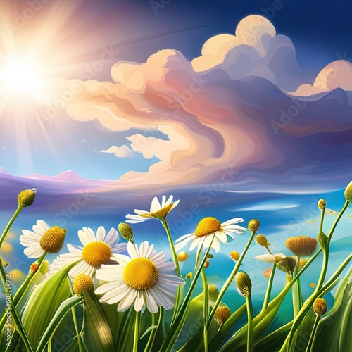  natural spring landscape with green field flowers and sun. Ai generative
