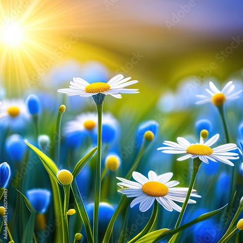 Beautiful blurred spring floral background nature with blooming glade of daisies and blue sky on sunny day.. Generative AI.