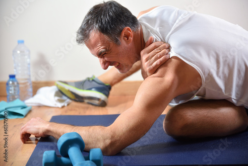Detail of man doing sports with clavicle pain photo
