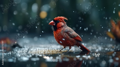 A cardinal weathers a rain storm.