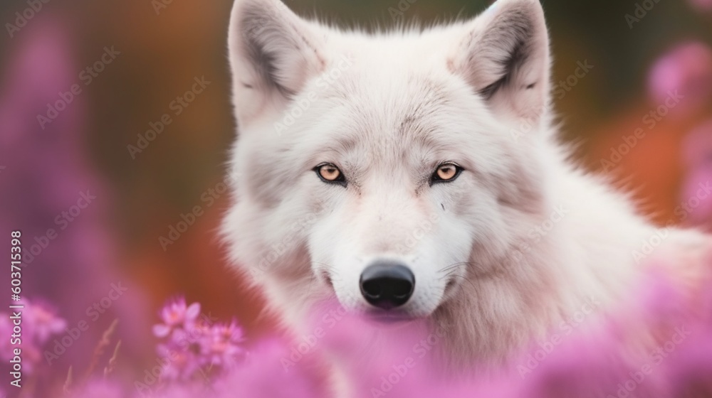 Fototapeta premium White wolf among pink flowers, in spring. Generative AI