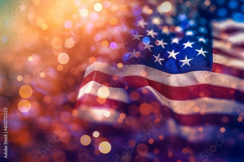 United States Flag waving in bokeh style theme, United States Flag Background, Happy Independence Day, Generative Ai