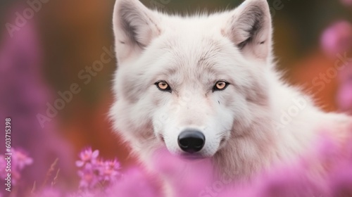 White wolf among pink flowers  in spring. Generative AI