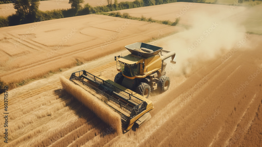 Ingathering. Sowing. A bird's-eye view of a combine harvester driving ...