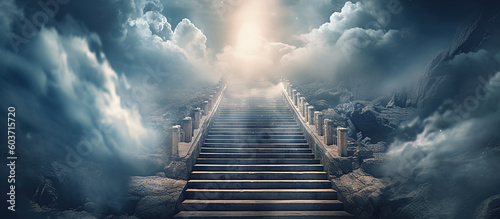 Stairway through the clouds to the heavenly AI Generated Image photo