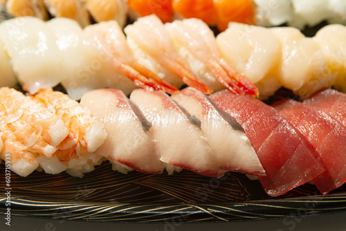 Different types of sushi on a plate 