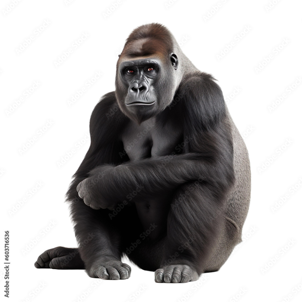 animal Gorilla sitting on transparent background, generative Ai