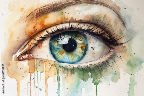 Watercolor illustration of a female blue eye with tears. Generative AI