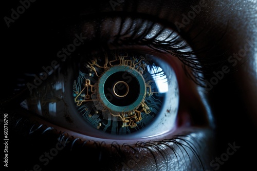 Futuristic illustration of female cyborg eye. Generative AI