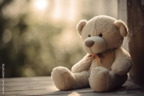 Sitting beautiful teddy bear, soft children's toy. Generative AI