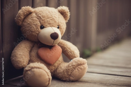 Sitting cute teddy bear with a heart. Generative AI © Iryna
