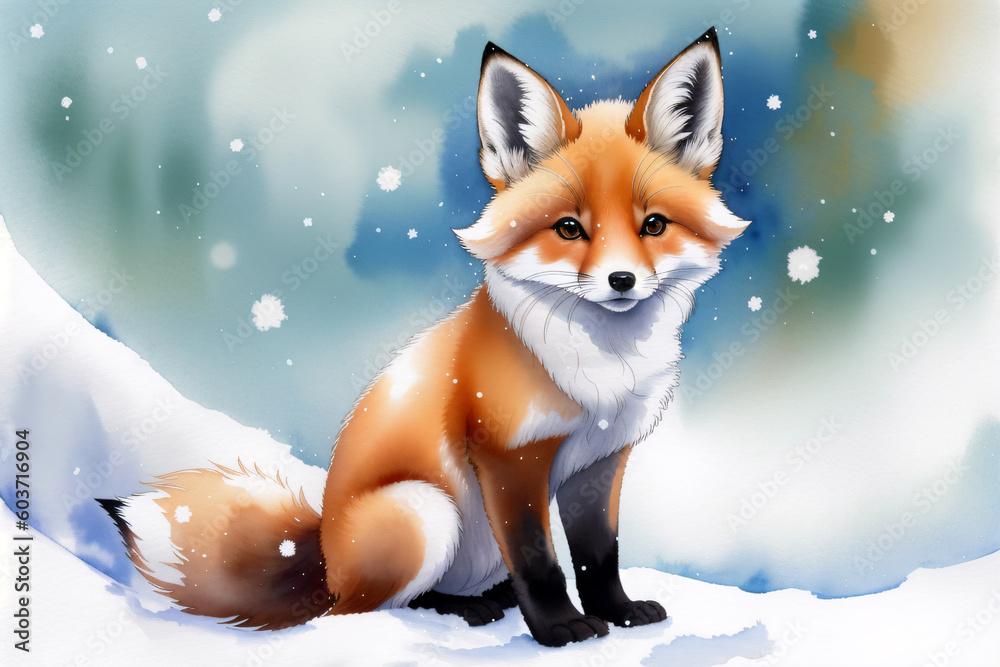 Fototapeta premium Cute red fox on snow in the winter time. generative ai.