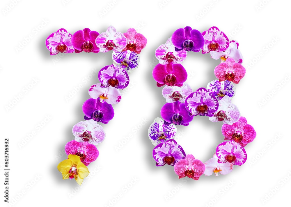 The shape of the number 78 is made of various kinds of orchid flowers. suitable for birthday, anniversary and memorial day templates The shape of the number 78 is made of various kinds of orchid flowers. suitable for birthday, anniversary and memorial day templates