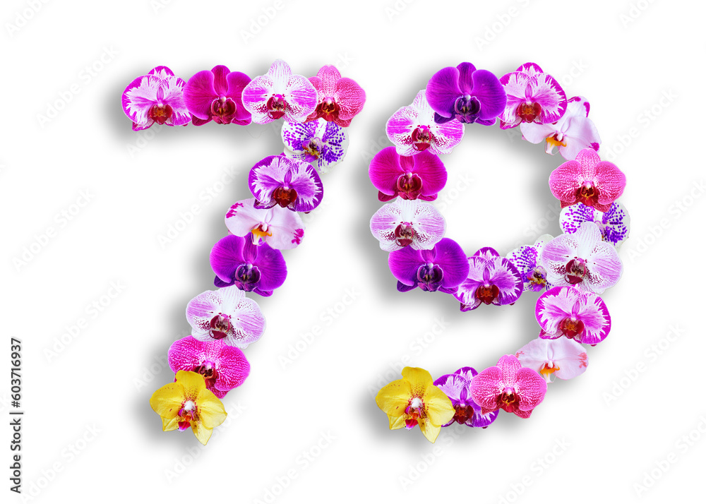 The shape of the number 79 is made of various kinds of orchid flowers. suitable for birthday, anniversary and memorial day templates