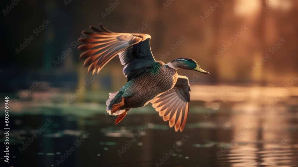 A mallard duck in flight above the water. - obrazy, fototapety, plakaty 